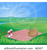 Vector Illustration of a Picnic Blanket and Basket with Red Wine in a Hilly Spring Landscape with a River and Sunshine by AtStockIllustration