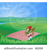 Vector Illustration of a Picnic Blanket and Basket with Wine in a Hilly Spring Landscape with a River and Sunshine by AtStockIllustration