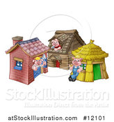 Vector Illustration of a Piggies from the Three Little Pigs Fairy Tale, at Their Brick, Wood and Straw Houses by AtStockIllustration