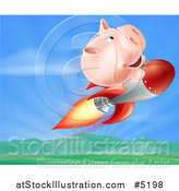Vector Illustration of a Piggy Bank Riding a Rocket over a Valley by AtStockIllustration