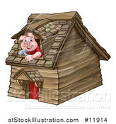 Vector Illustration of a Piggy from the Three Little Pigs Fairy Tale, Looking out the Window in His Wood House by AtStockIllustration