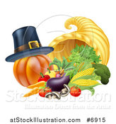 Vector Illustration of a Pilgrim Hat on a Pumpkin by a Thanksgiving Horn of Plenty Cornucopia and Vegetables by AtStockIllustration