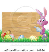 Vector Illustration of a Pink Bunny Pointing to a Wood Sign with Grass and Easter Eggs by AtStockIllustration