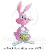 Vector Illustration of a Pink Bunny Rabbit with a Basket of Easter Eggs by AtStockIllustration