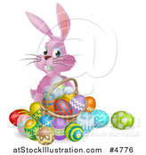 Vector Illustration of a Pink Bunny with Easter Eggs and a Basket by AtStockIllustration
