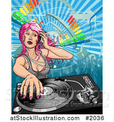 Vector Illustration of a Pink Haired Female Dj Mixing a Record by AtStockIllustration