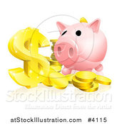 Vector Illustration of a Pink Piggy Bank and Abundance of Gold Coins and Dollar Symbol by AtStockIllustration