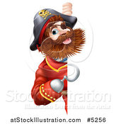 Vector Illustration of a Pirate Captain with a Hook Hand, Looking Around a Sign by AtStockIllustration