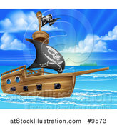 Vector Illustration of a Pirate Ship Flying the Jolly Roger Flag in a Beautiful Blue Sea at Sunrise by AtStockIllustration