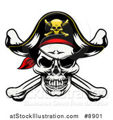 Vector Illustration of a Pirate Skull and Crossbones Wearing a Patch and Captain Hat by AtStockIllustration