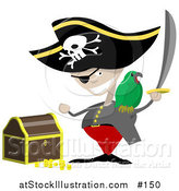 Vector Illustration of a Pirate with a Sword, Parrot and Treasure Chest by AtStockIllustration