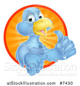 Vector Illustration of a Pleased Blue Bird Character Giving a Thumb up and Emerging from a Circle of Sunshine 2 by AtStockIllustration