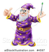 Vector Illustration of a Pleased Old Wizard Holding a Thumb up and Magic Wand by AtStockIllustration