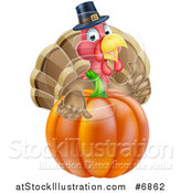 Vector Illustration of a Pleased Thanksgiving Turkey Bird Wearing a Pilgrim Hat and Giving a Thumb up over a Pumpkin by AtStockIllustration