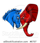 Vector Illustration of a Political Aggressive Democratic Donkey or Horse and Republican Elephant Butting Heads by AtStockIllustration