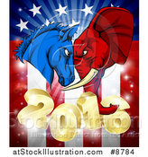 Vector Illustration of a Political Aggressive Democratic Donkey or Horse and Republican Elephant Butting Heads over a 2016 American Flag and Burst by AtStockIllustration