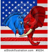 Vector Illustration of a Political Aggressive Democratic Donkey or Horse and Republican Elephant Butting Heads over an American Flag by AtStockIllustration