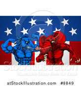 Vector Illustration of a Political Aggressive Democratic Donkey or Horse and Republican Elephant Fighting over Stars and Stripes by AtStockIllustration