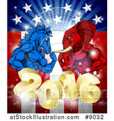 Vector Illustration of a Political Aggressive Democratic Donkey or Horse and Republican Elephant Flexing over a 2016 American Flag and Burst by AtStockIllustration