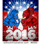 Vector Illustration of a Political Aggressive Democratic Donkey or Horse and Republican Elephant Flexing over a 2016 American Flag and Burst by AtStockIllustration