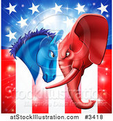 Vector Illustration of a Political Democratic Donkey and Republican Elephant Elephant Butting Heads over an American Flag by AtStockIllustration