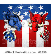 Vector Illustration of a Political Democratic Donkey and Republican Elephant Tearing Through an American Flag by AtStockIllustration