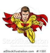 Vector Illustration of a Pop Art Comic Caucaslan Male Super Hero Flying Forward by AtStockIllustration