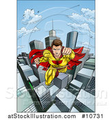 Vector Illustration of a Pop Art Comic Caucaslan Male Super Hero Flying Forward over a City by AtStockIllustration