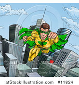 Vector Illustration of a Pop Art Comic Male Super Hero Flying Forward over a City by AtStockIllustration