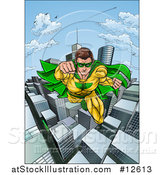 Vector Illustration of a Pop Art Comic Male Super Hero Flying Forward over a City by AtStockIllustration