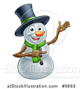 Vector Illustration of a Presenting Christmas Snowman Wearing a Green Scarf and a Top Hat by AtStockIllustration