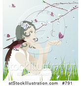 Vector Illustration of a Pretty Gentle Woman with a Bird on Her Shoulder and a Butterfly on Her Hand, Sitting Outdoors in Spring Time by AtStockIllustration