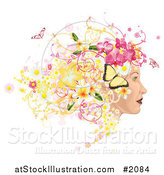 Vector Illustration of a Profiled Woman's Face with Floral, Butterfly and Grunge Hair by AtStockIllustration