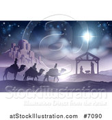 Vector Illustration of a Purple and Blue Toned Nativity Scene of Baby Jesus in the Manger with the Wise Men and Star of Bethlehem near the City by AtStockIllustration