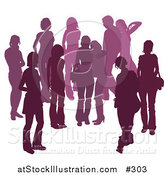 Vector Illustration of a Purple Group of Silhouetted People Hanging out in a Crowd, Two Friends Embracing in the Middle by AtStockIllustration