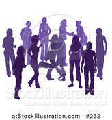 Vector Illustration of a Purple Group of Silhouetted People Hanging out in a Crowd, Two Friends Hugging by AtStockIllustration