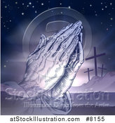 Vector Illustration of a Purple Toned Christian Easter Background of Praying Hands over Two Thieves Crosses on Calvary Hill by AtStockIllustration