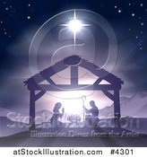 Vector Illustration of a Purple Toned Nativity Scene with Baby Jesus in the Manger Under the Star of Bethlehem by AtStockIllustration