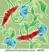 Vector Illustration of a Red Butterflies and Blue Flower Background by AtStockIllustration