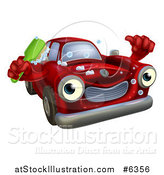 Vector Illustration of a Red Car Character Holding a Thumb up and a Scrub Brush by AtStockIllustration