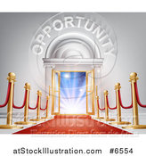 Vector Illustration of a Red Carpet and Posts Leading to a Doorway with Bright Light and Opportunity Text by AtStockIllustration