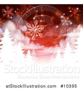 Vector Illustration of a Red Christmas Background with Falling Snowflakes over White Silhouetted Evergreen Trees by AtStockIllustration