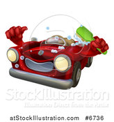 Vector Illustration of a Red Convertible Car Character Holding a Thumb up and a Scrub Brush by AtStockIllustration