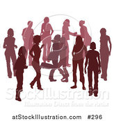 Vector Illustration of a Red Group of Silhouetted People Hanging out in a Crowd, Two Friends Hugging by AtStockIllustration