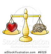 Vector Illustration of a Red Heart and Brain on Golden Scales, Following Logic or Passions by AtStockIllustration