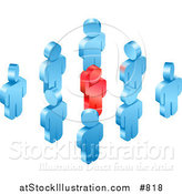 Vector Illustration of a Red Individual Raising Their Hand While Standing in a Group of Blue Employees or Volunteers by AtStockIllustration
