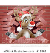 Vector Illustration of a Red Nosed Christmas Reindeer Breaking Through a Brick Wall by AtStockIllustration