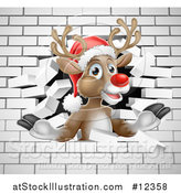 Vector Illustration of a Red Nosed Christmas Reindeer Breaking Through a White Brick Wall by AtStockIllustration