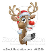 Vector Illustration of a Red Nosed Christmas Reindeer Looking Around a Sign by AtStockIllustration