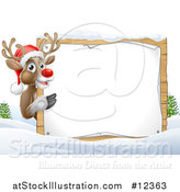 Vector Illustration of a Red Nosed Christmas Reindeer with a Blank Sign in a Winter Landscape by AtStockIllustration